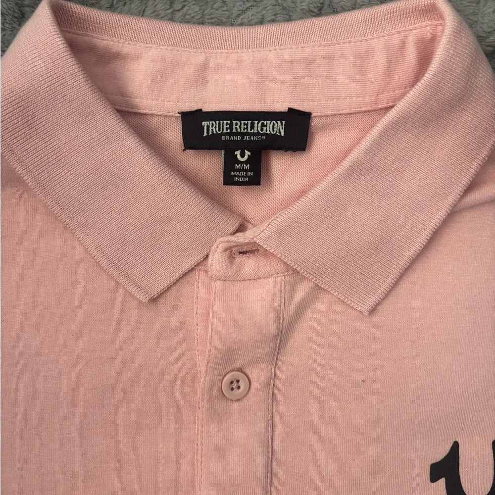 Men’s True Religion Pink Polo Shirt with Black Accents - Picture 2 of 2